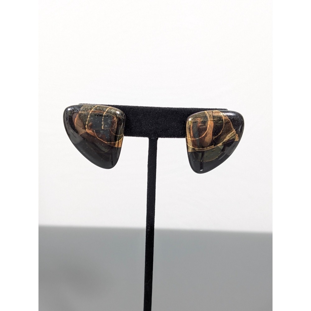 Vintage Black Ceramic Gold Tone Triangle Drop Earrings Signed Modernist Pierced